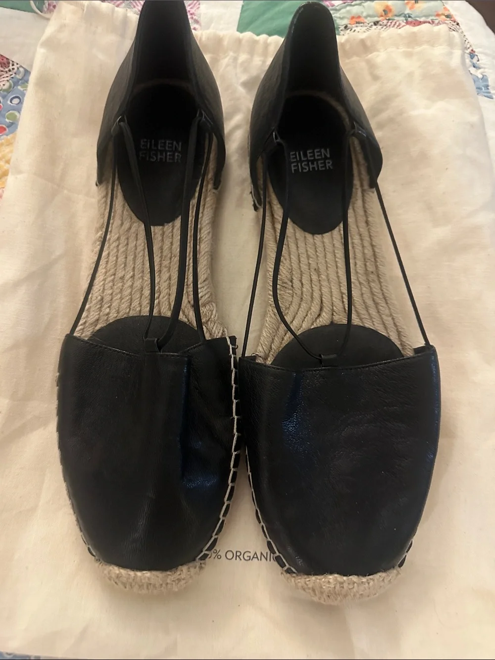 Eileen Fisher Black Leather Espadrille Sandals with Ankle Lace